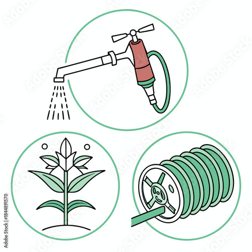 Icons of Gardening Tools and Plant Growth watering hose
