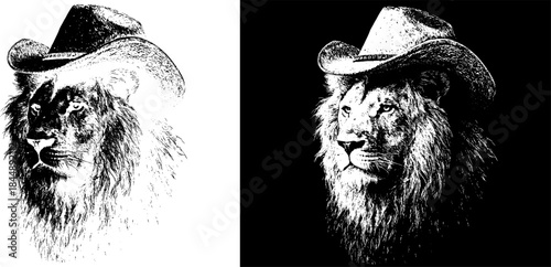 Vintage Lion in Cowboy Hat Engraving, Inverted Black White Xerography Vector on Transparent Background