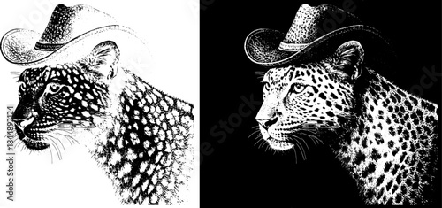Vintage Leopard in Cowboy Hat Engraving, Inverted Black White Xerography Vector on Transparent Background