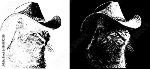 Vintage Cat Cowboy Engraving, Inverted Black White Xerography Vector on Transparent Background