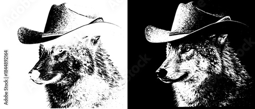 Vintage Wolf in Cowboy Hat Engraving, Inverted Black White Xerography Vector on Transparent Background
