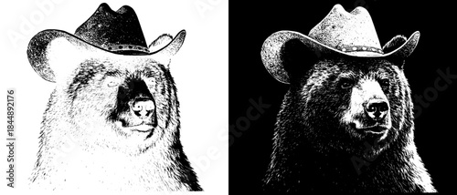 Vintage Bear with Woman Portrait Engraving, Inverted Black White Xerography Vector on Transparent Background