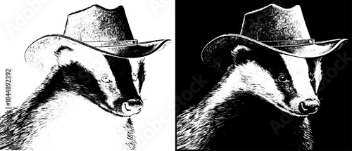 Vintage Badger in Cowboy Hat Engraving, Inverted Black White Xerography Vector on Transparent Background