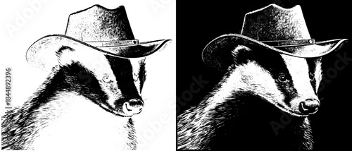 Vintage Badger in Cowboy Hat Engraving, Inverted Black White Xerography Vector on Transparent Background