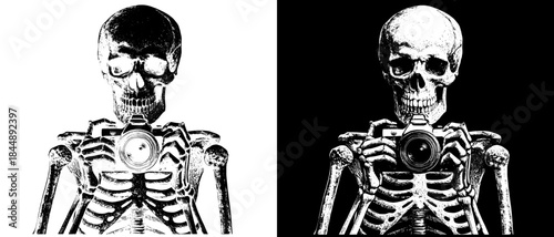 Vintage Skeleton with Camera Engraving, Inverted Black White Xerography Vector on Transparent Background