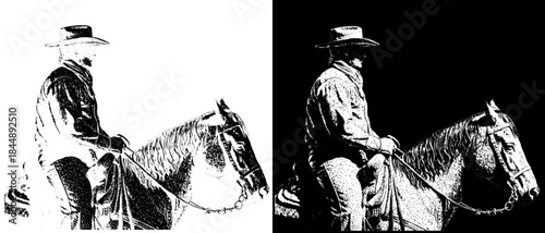 Vintage Cowboy on Horse Engraving, Inverted Black White Xerography Vector on Transparent Background