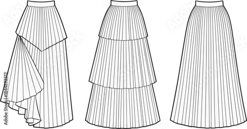 Pleated skirt technical sketch, asymmetrical hem, tiered layers, full-length design, fashion garment, vector outline, CAD drawing, flat illustration, template