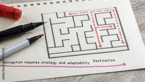 Hand drawn maze on paper with red arrow marking a path towards the destination representing strategic problem solving and decision making