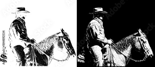 Vintage Cowboy on Horse Engraving, Inverted Black White Xerography Vector on Transparent Background