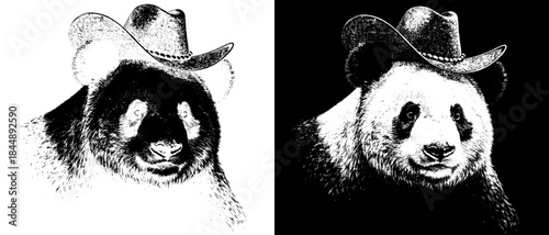 Inverted black white xerography vector of panda wearing cowboy hat on transparent background for laser engraving on dark surface.