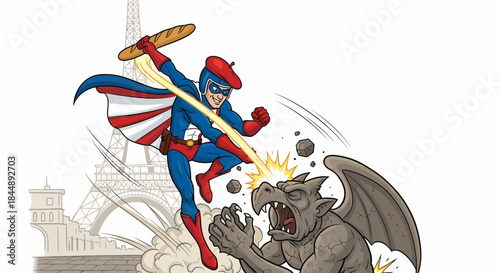 French superhero in a beret fights a stone gargoyle with a baguette.