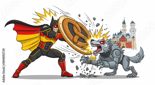 German superhero with pretzel shield battles a fierce robotic wolf.