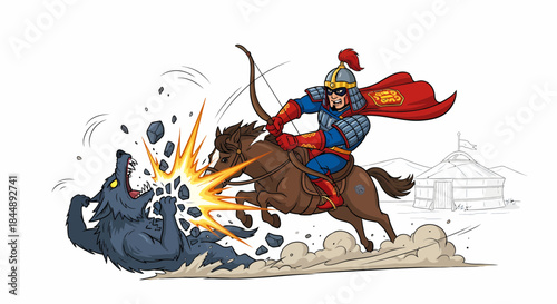 Mongolian warrior on horseback shooting arrow at a bear.