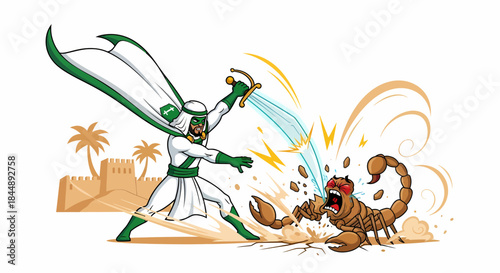 Superhero battles giant scorpion with a glowing sword in action.