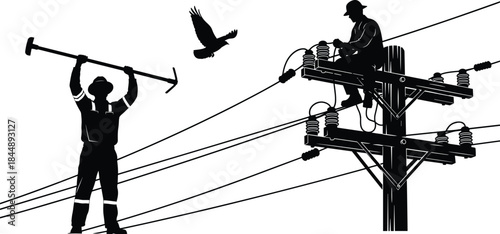 Power Line Installation and Repair Silhouettes Vector, Electricians Working on Utility Pole with Tools and Wires, Black Monochrome Icon for Energy, Construction, and Infrastructure Design, Isolated 