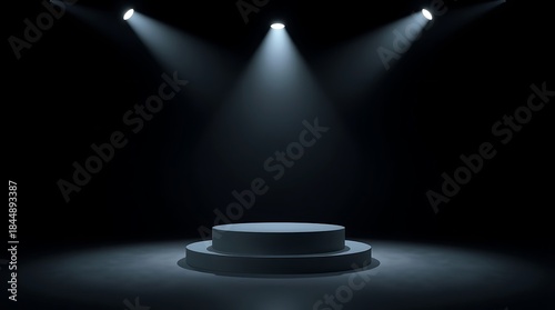 Empty circular stage podium illuminated by spotlights in a dark room