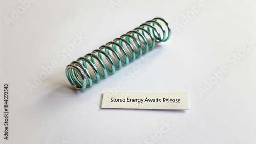 A tightly coiled iridescent metal spring with stored energy awaiting release