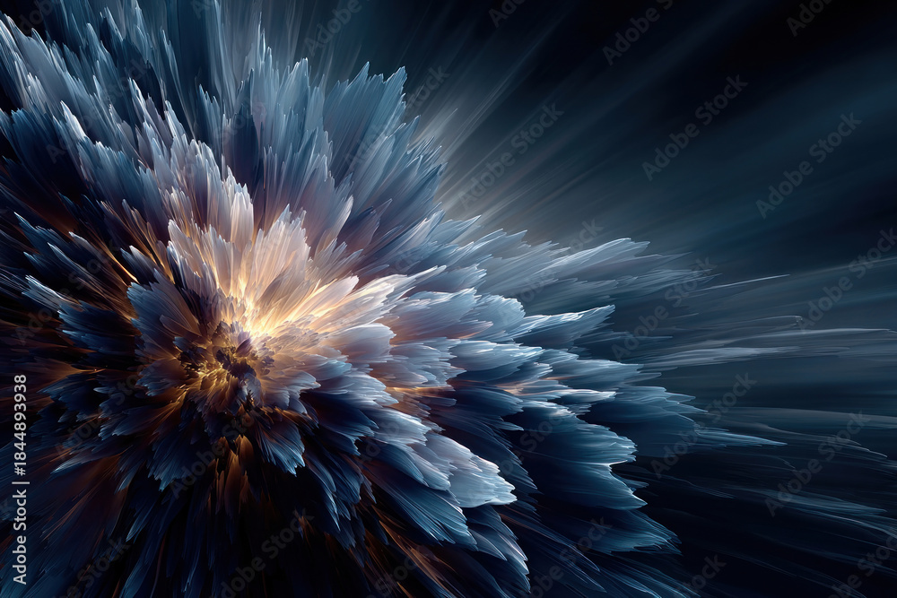 Obraz premium A spectacular abstract composition reminiscent of an explosion of light or a fantasy flower with sharp, feathery petals. 
