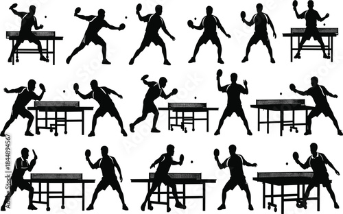 Table tennis player silhouettes set dynamic ping pong actions sport illustration black white isolated vector design elements collection competition motion