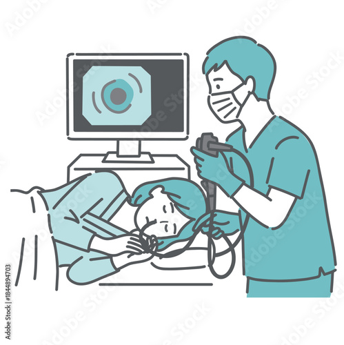 経鼻内視鏡検査（鼻からの胃カメラ）を受ける女性のイラスト