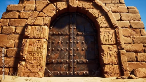 Ancient stone fortress gate with carved hieroglyphics and weathered iron doors in desert setting