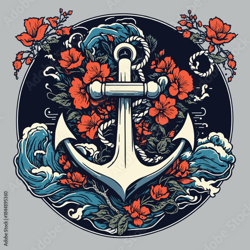 Anchor Surrounded by Waves and Flowers in a Circular Design.