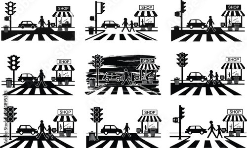 Pedestrian crosswalk vector illustration, people crossing street with traffic lights and cars, urban city shop background, black and white cityscape design silhouette