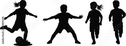 People in action silhouettes vector illustration set, including children playing, adult athletes running, golfers, football players, military figure, and urban cityscape on white background.