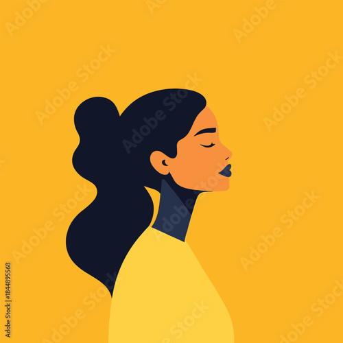 Serene Woman with Dark Hair in a Bun Contemplating.