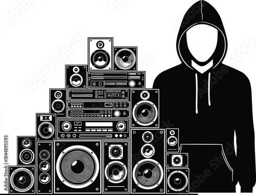 Person in Hoodie Silhouette Beside Stack of Audio Speakers and Equipment, Music Culture, Sound System, DJ, and Technology Graphic, Anonymous Identity, Black and White Vector Illustration, EPS.