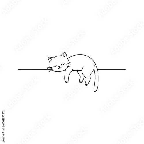 Cute lazy cat sleeping on a wall line drawing. Minimalist vector illustration of a resting feline hanging over a border with paws down. Funny black and white sketch design isolated on white