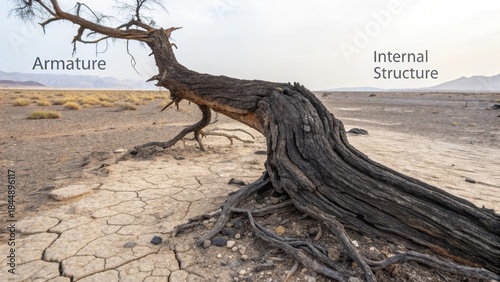 Twisted Gnarled Ancient Petrified Wood Tree Reaching From Cracked Desert Earth