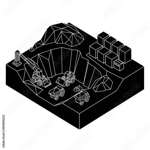 Isometric black and white illustration of an open-pit mining site with heavy machinery and geometric elements.