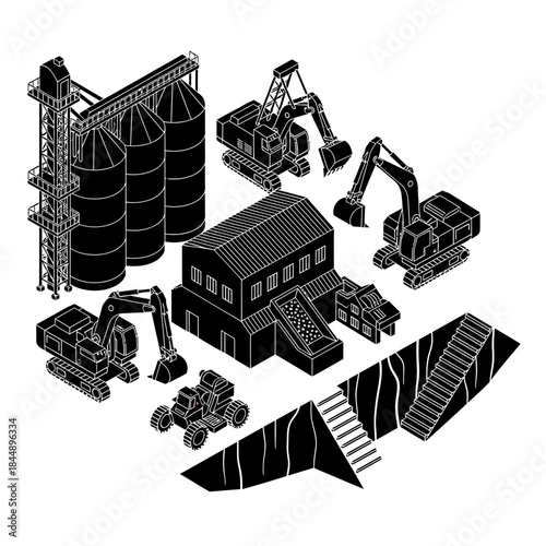 Isometric black and white illustration of an industrial complex with silos, factory building, excavators, and quarry elements.