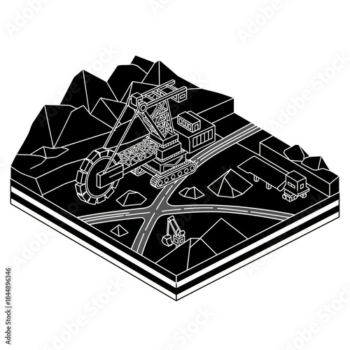 Isometric black and white illustration of a massive bucket-wheel excavator in a mining landscape with roads and mountains.