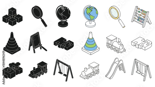 Isometric icons depicting educational toys learning tools and playground elements