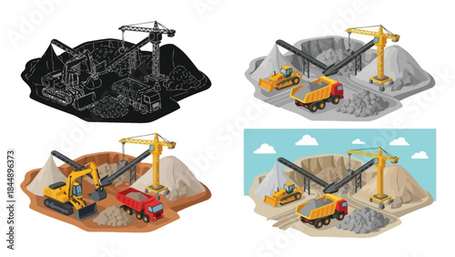 Isometric illustration of a quarry with construction vehicles and cranes