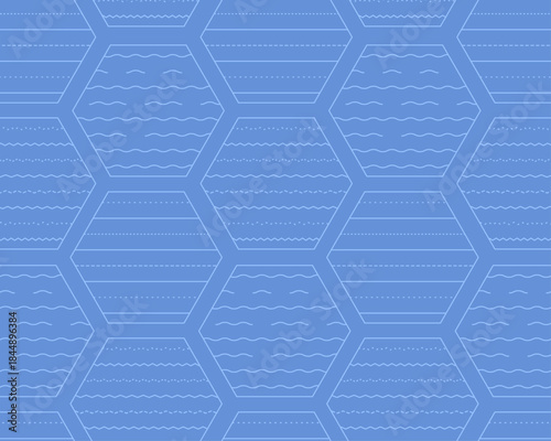 Seamless Minimalist Background Pattern Featuring Blue Honeycomb Hexagons with Varied Internal Textures like Wavy Lines, Dots, and Dashes, Ideal for Technology, Data Analysis, Environmental Concepts