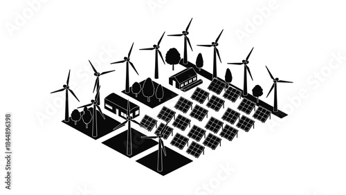 Isometric view of a sustainable energy landscape with wind turbines and solar panels