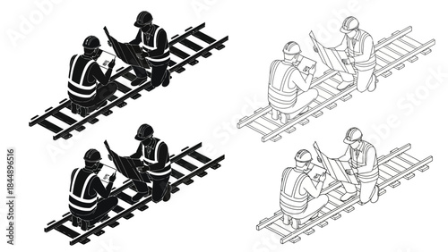 Railway workers inspecting and maintaining train tracks with safety equipment