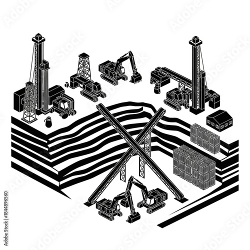 Isometric black and white illustration of a construction or mining site with various heavy machinery like drilling rigs and excavators on layered ground.