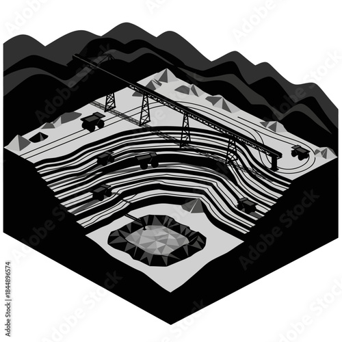 Isometric view of a large open-pit mining operation with heavy machinery, conveyor belts, and terraced excavation.
