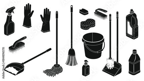 Black and white outline of various cleaning tools and supplies arranged neatly