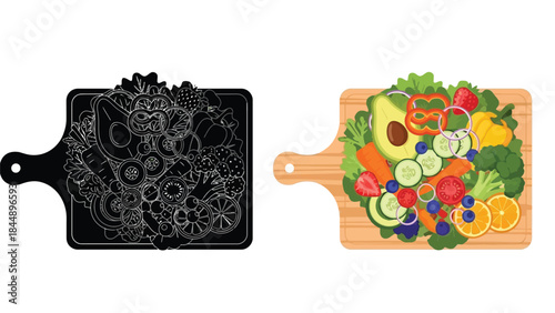 Fresh vegetables and fruits arranged beautifully on a wooden cutting board
