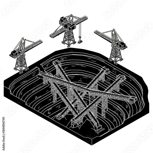 Isometric technical drawing of a large construction site with multiple cranes and complex structures in an excavated pit.