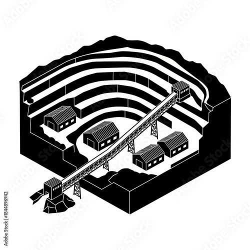 Isometric black and white illustration of an open-pit mine with buildings and a conveyor belt system.