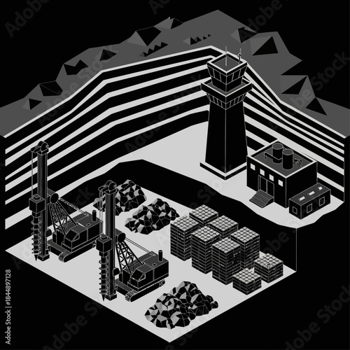 Isometric illustration of an underground mining operation with drilling machines, control tower, and excavated materials.