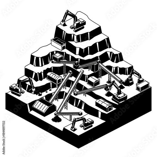 Isometric view of a large-scale open-pit mining operation with excavators, conveyor belts, and processing units on terraced levels.