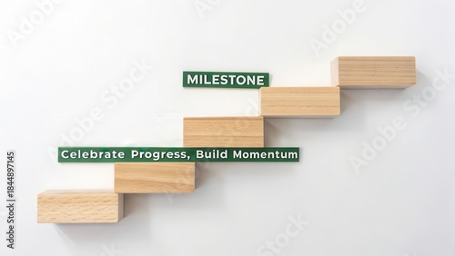 Wooden Blocks Form Steps Representing Milestones and Building Momentum on a White Background