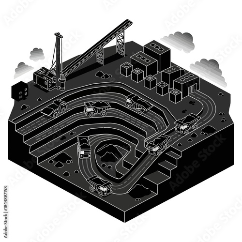 Isometric illustration of an open-pit mine with dump trucks and industrial equipment.
